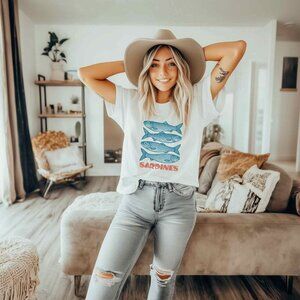 Euro Summer Vintage Style White Graphic Tee Sardines Print European Vacation